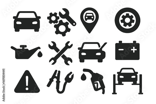 Car service icon set. Automotive repair, maintenance, and diagnostic symbols. Solid glyph collection for garage, mechanic, workshop. Auto parts, tools, battery, oil, tire.