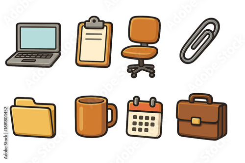Set of essential office icons for business and work. Includes laptop, clipboard, office chair, paperclip, folder, mug, calendar, briefcase. Vector cartoon illustration.