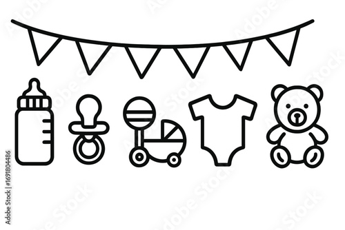 Baby shower outline icon set. Vector collection for newborn celebration. Includes bottle, pacifier, rattle, stroller, onesie, teddy bear, and bunting for invitations or decor.