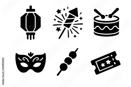 Festival icon set. Celebration solid glyph pictograms. Includes Chinese lantern, firework, drum, carnival mask, food skewer, admission ticket. Party and holiday symbols.