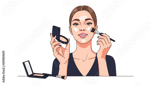 Beautiful young woman applying makeup with a brush and compact powder enhancing her facial features for a polished look