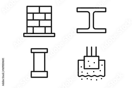 Building structure icons outline set. Structural engineering elements. Load-bearing wall, steel I-beam, column, concrete foundation. Architecture construction concept vector.