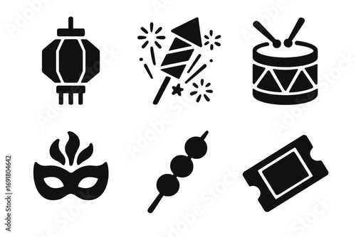 Festival celebration vector icon set. Solid glyph collection includes lantern, firework, drum, carnival mask, food skewer, ticket. For party, event, holiday, music, and food fair.