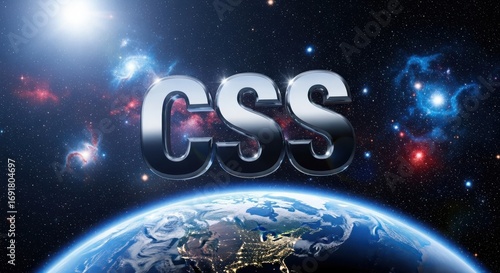 Futuristic css logo with earth and stars cosmic background