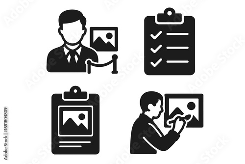 Art management solid glyph icon set. Museum curator, gallery exhibition planning, and art restoration concepts. Vector icons with checklist, clipboard, and artwork.