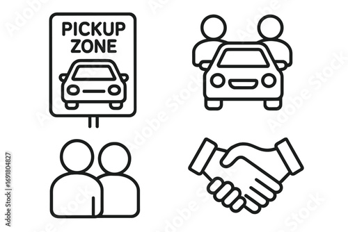 Carpool icons set. Ride sharing and lift concept. Shared car, pickup zone sign, meeting point, and handshake agreement. Outline vector illustration for eco friendly travel.