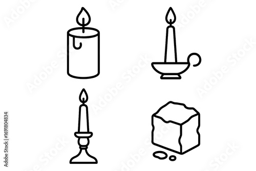 Candle making and decoration outline icon set. Line art vector illustration of candle accessories. Includes pillar candle, taper candle, candlestick, candle holder, and wax block.