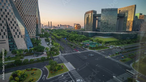On July 23, 2024, the city sunset scene was captured in Qianjiang New Town, Hangzhou City, Zhejiang Province, China.
