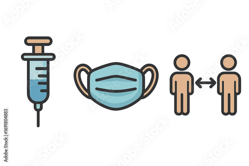 Health and safety icons for virus prevention. Vaccine syringe, face mask, and social distancing symbol set. Medical vector illustration for pandemic and healthcare concepts.