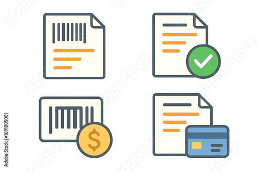 Invoice management icon set. Flat vector symbols for billing document, approved payment, barcode price, and credit card transaction. Financial and business concepts isolated.