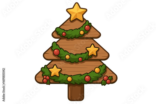 Wallpaper Mural Wooden Christmas tree icon. Rustic holiday decoration symbol. Cartoon vector illustration for festive winter design. Handmade wood Xmas tree with star and garland. Torontodigital.ca