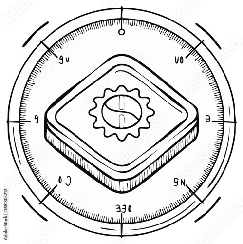 Compass and gear emblem hand drawn sketch navigational tool symbol