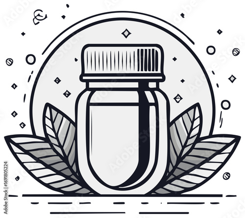 Natural Health Supplement Bottle with Botanical Leaves Outline Illustration