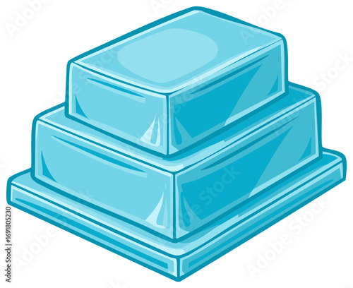 Three-tiered light blue isometric rectangular structure, an abstract, stylized shape with geometric blocks stacked upwards and artistic gradients