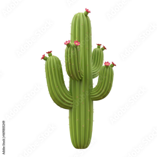 Saguaro cactus with flowers isolated on transparent background in desert