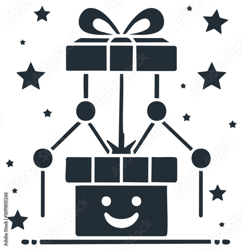 Smiling gift box mechanism with stars festive celebration concept