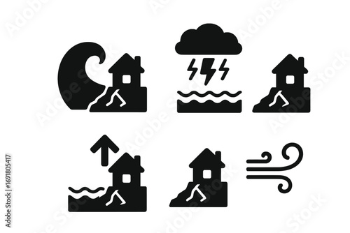 Coastal erosion solid icon set. Natural disaster causes pictogram. Wave impact, storm surge, rising sea level, wind erosion, climate change effect, landslip vector.