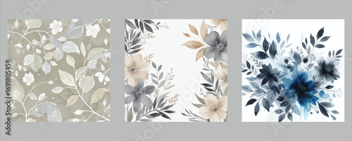 Elegant floral designs featuring delicate flowers and leaves in soft hues