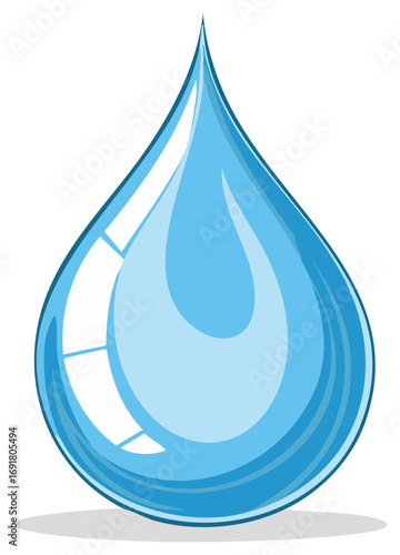 Isolated Illustration of a Blue Water Droplet with Reflections and Modern Design