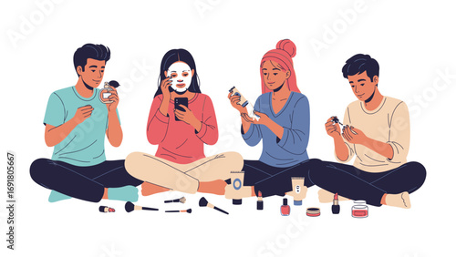 Diverse group of young adults applying skincare and makeup together while sitting cross legged on the floor with beauty products scattered around them