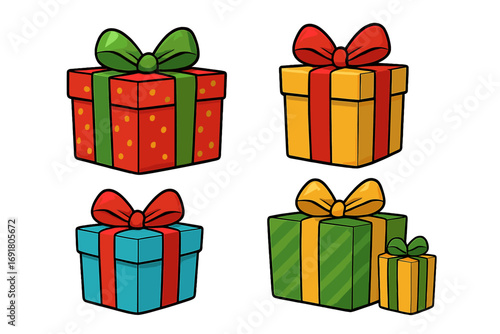 Set of cartoon gift boxes. Christmas or birthday present collection. Vector illustration of wrapped surprises with ribbons and bows for holiday celebration design element.