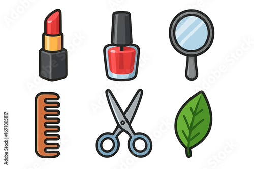 Beauty icon set with lipstick, nail polish, mirror, comb, scissors. Vector cartoon illustration for self-care, cosmetics, makeup, spa, salon, manicure, hairdressing, natural products.