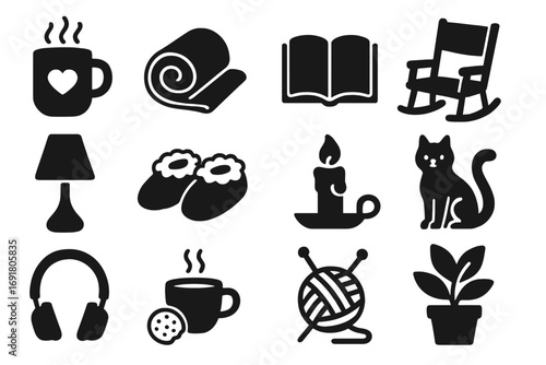 Cozy lifestyle icon set. Hygge concept symbols. Home comfort, relaxation, and leisure solid glyph icons. Vector collection with cat, book, tea, knitting and a candle.