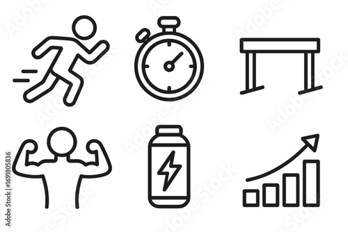 Fitness and sport linear icon set. Vector symbols for workout, running, athletic training. Concepts of speed with stopwatch, strength, overcoming hurdles, and progress chart.