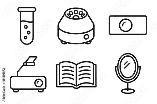 Science and education linear icons set. Lab equipment collection with test tube, centrifuge, microscope slide. School supplies like projector, book, mirror. Vector symbols.