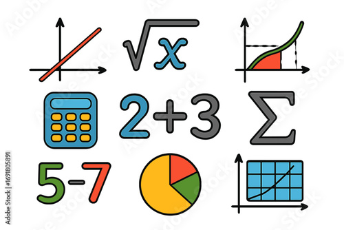 Mathematics icons set. Cartoon vector symbols for education and science. Algebra, geometry, statistics elements. Calculator, graph, equation, formula for learning design.