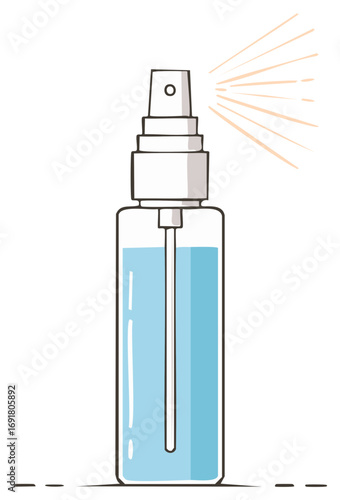 Clear bottle with blue liquid and spray mist from dispenser top