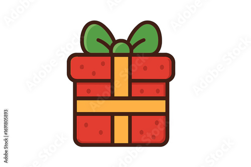 Christmas gift box icon. Holiday present with bow symbol. Flat vector cartoon illustration for birthday, anniversary or new year celebration. Surprise package graphic design element.