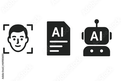 Digital misinformation solid icon set. Deepfake face recognition, AI text generator, and chatbot bot symbols. Concepts of fake news, disinformation, and AI technology. Vector.