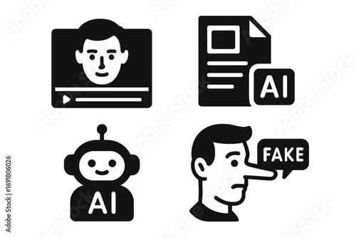 Digital misinformation icons. Fake news, deepfake video face, AI text generator, bot. Concept of deception, propaganda & manipulation. Liar symbol. Vector glyph illustration.