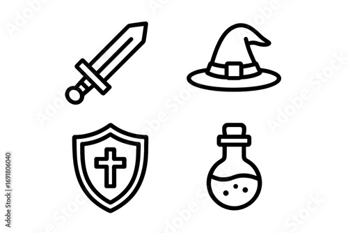 Fantasy RPG icon set with sword, shield, wizard hat, and magic potion. Vector line art for gaming UI, medieval adventure themes. Knight, warrior, and sorcerer elements.