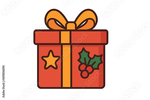 Christmas gift box vector icon. Flat style cartoon illustration for holiday celebration. Red present with ribbon, star, and holly decoration. Isolated graphic design element.