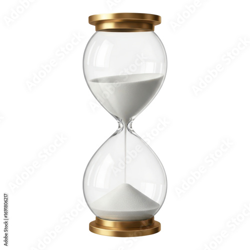 Hourglass with white sand isolated on transparent background, time is running out
