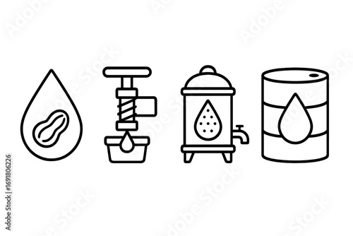 Peanut oil production process icon set. Vector outline icons of earthnut oil extraction. Cold press, expeller screw, filtration, and storage drum. Linear illustration.