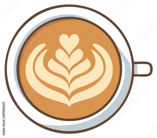 Overhead view of a ceramic cup filled with delicious latte art coffee