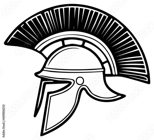 Bold Black and White Crested Ancient Warrior Helmet Vector Illustration