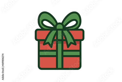 Christmas gift box icon with green ribbon. Vector present for holiday, birthday, or anniversary celebration. Flat cartoon illustration for graphic design on a transparent background.
