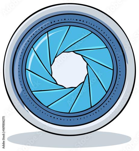 Illustrative Camera Lens Diaphragm Aperture with Blue Blades Opening Viewpoint