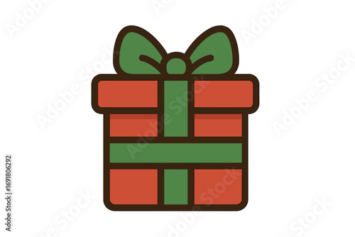 Christmas gift box icon vector illustration. Flat style cartoon present with red wrapping and green ribbon bow. Holiday surprise symbol for festive graphic design.
