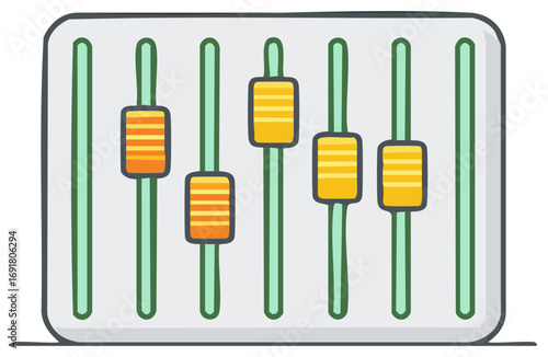 Simple cartoon illustration of equalizer sliders with five adjustable levels and orange and yellow sliding faders.