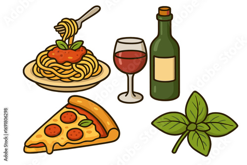 Italian food vector illustration set with pasta, pizza, red wine, and basil. Cartoon culinary elements for menu, restaurant, or recipe design. Delicious Italian cuisine icons.
