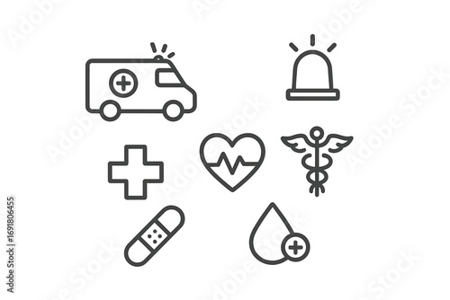 Emergency medical icons set. Minimalist line art symbols for healthcare and first aid. Vector collection of ambulance, siren, cross, heartbeat, caduceus, bandage, blood.