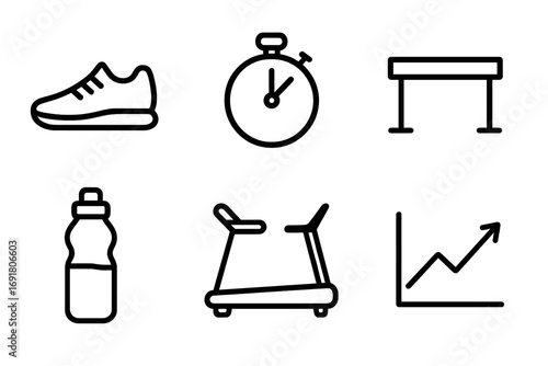Fitness line icon set for gym and workout. Vector collection of a running shoe, stopwatch, hurdle, treadmill, water bottle, and progress graph. Sport and healthy lifestyle symbols.