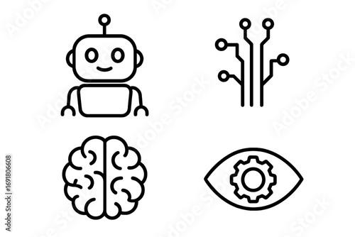 AI technology icons in linear design. Vector cartoon illustration set with robot, circuit, brain, and mechanical eye with gear. Artificial intelligence and machine learning concept.
