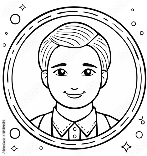 Smiling boy inside circular frame, black and white illustration for coloring book or design.