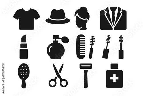 Fashion and grooming solid icons set. Silhouette glyph collection of beauty essentials symbols. Vector illustration for personal care, cosmetics, and style concepts.